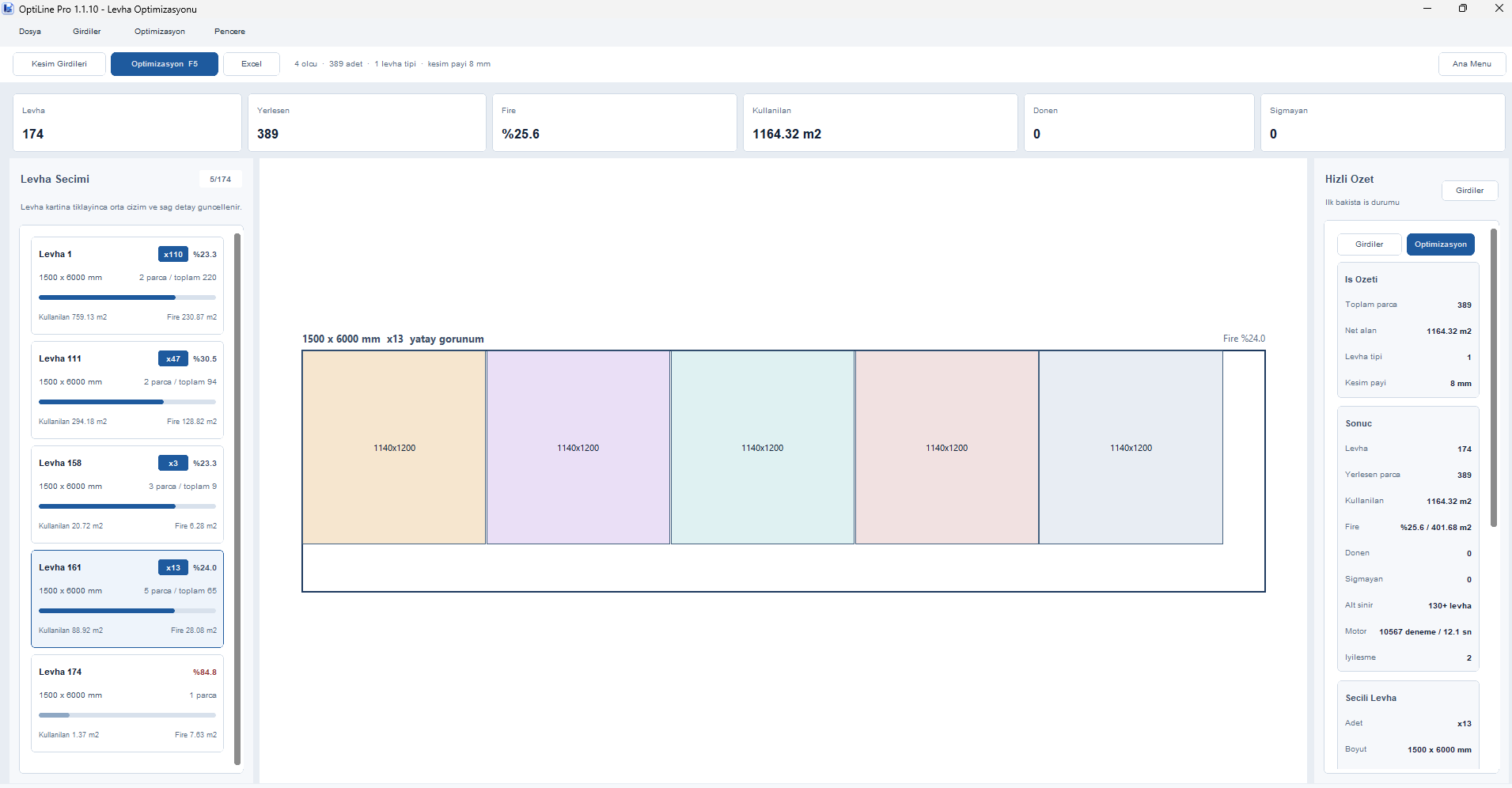 OptiLine Pro levha optimizasyonu yatay sonuç ekranı