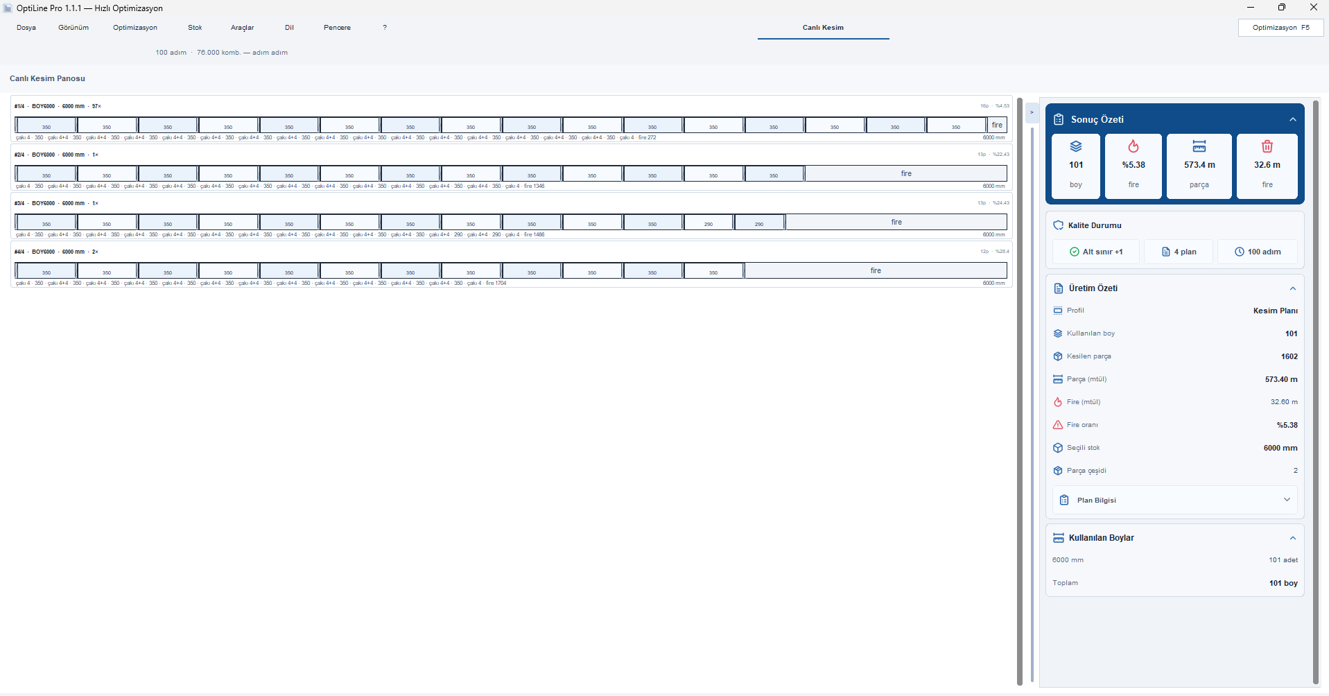 OptiLine Pro hızlı optimizasyon ve kesim planı ekranı